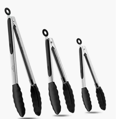 Unique-bargains Kitchen Tongs Stainless Steel Locking Tong Set of 3 7-Inch 9-Inch 12-Inch with Silicone Tip for Cooking Grilling Barbecue Black